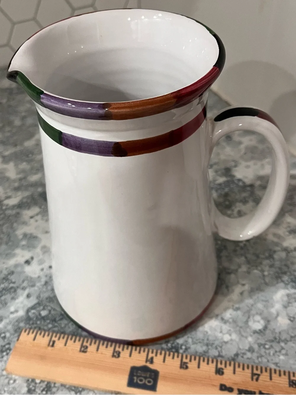 8” white pitcher. Circo by Bill Goldsmith for Deruta, Italy collection. Mint.
